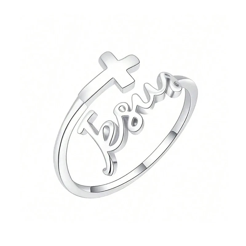Adjustable Silver Cross Jesus Ring
