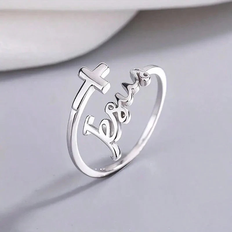 Adjustable Silver Cross Jesus Ring